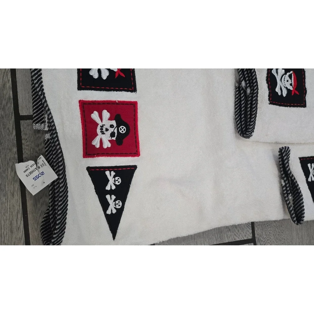 Original Kids Pirate 3 Piece Embroidered Towel Set White Cotton Skull Crossbones